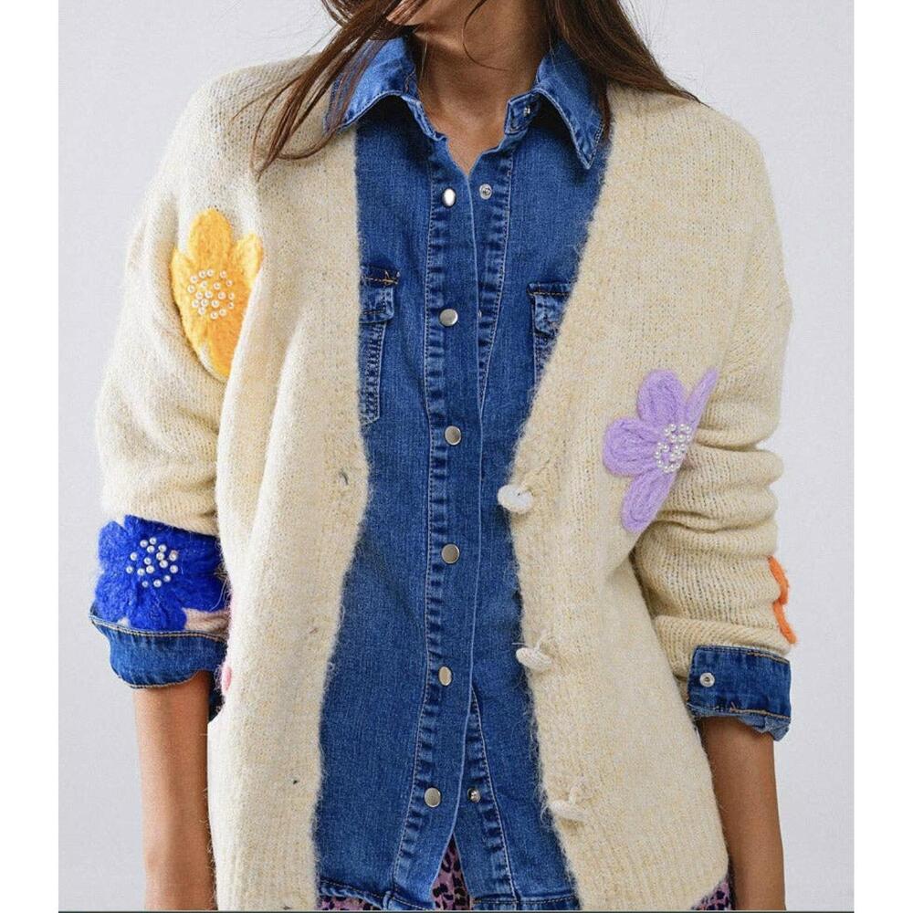 NEW Q2 embroidered flowers cardigan in cream